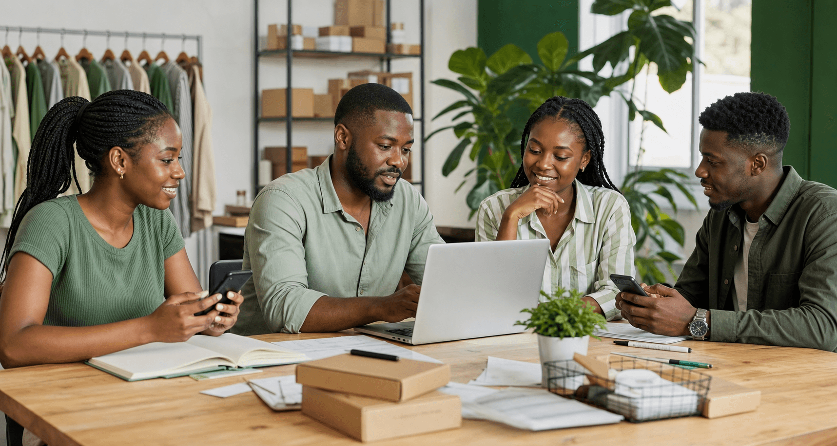 A business team working together around a laptop and customer messages